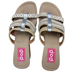 Pop Sandal Womens Size‎ 9M Tan Beige Silver Wedge Trail Style Slip On Thong Boho